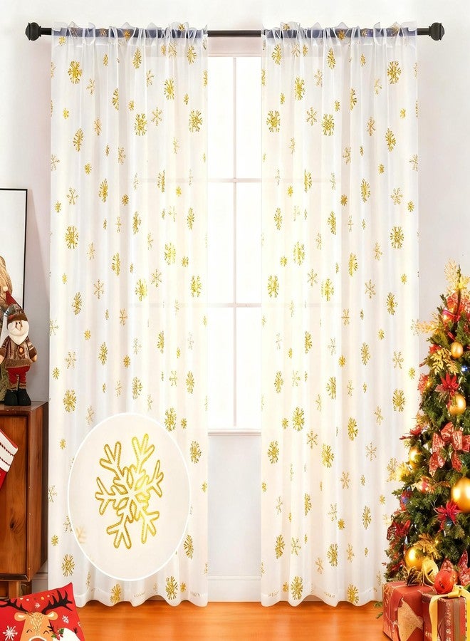 MikiUp Christmas Snowflakes Sheer Curtains, Gold Foil Printed Semi Sheer Drapes, Rod Pocket Xmas Decoration Window Treatment Panels for Bedroom Living Room, White 52 x 63 inch - Image 2